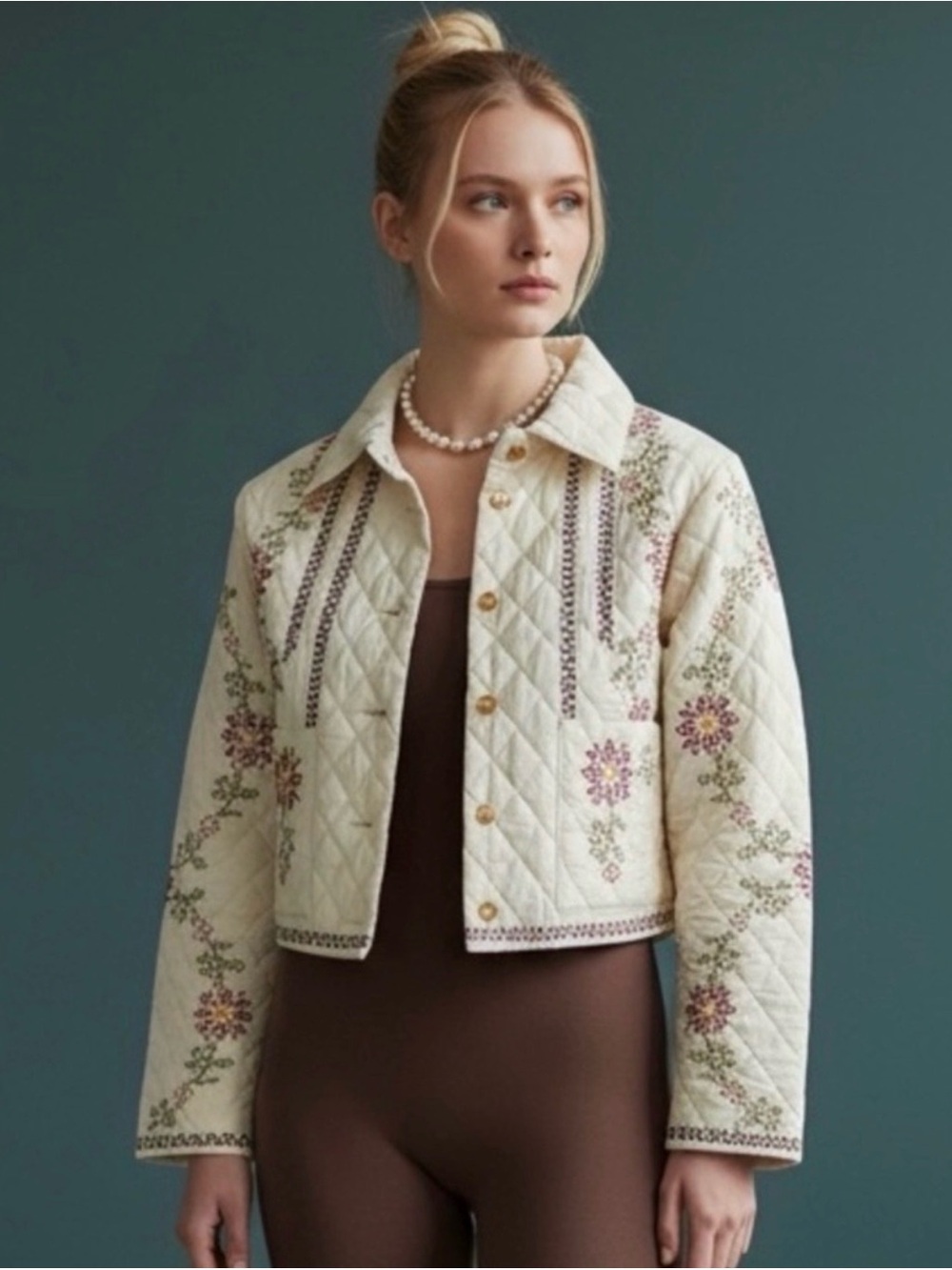 Christian Lacroix Cream Quilted Floral-Embroidered Jacket